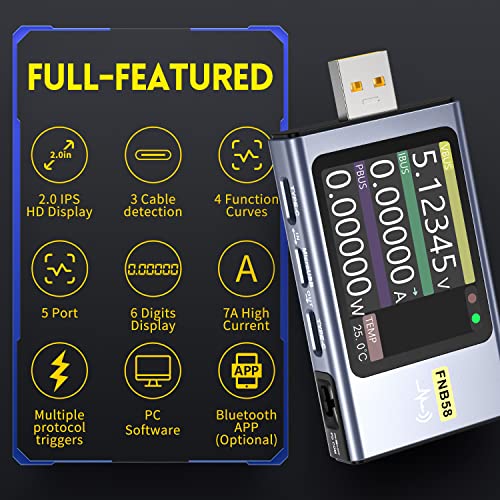 FNIRSI USB Tester 4-28V 7A LCD USB A&C Testador de energia de corrente de tensão Multímetro com Bluetooth, capacidade de acionamento de detecção de carga rápida Medição da ondulação, pd2.0/pd3.0, qc2.0/qc3.0
