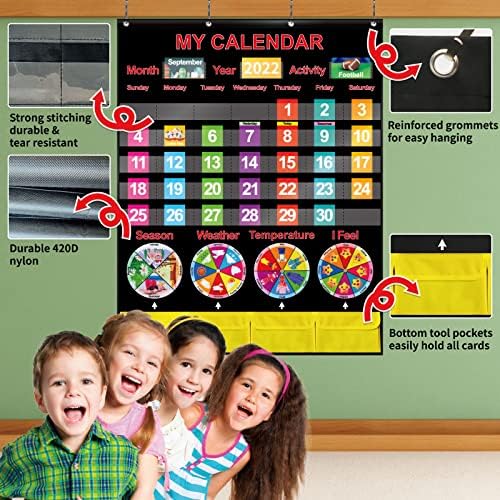Gráfico de bolso do calendário e clima para crianças, gráfico de bolso do calendário da sala de aula com 108 cartões