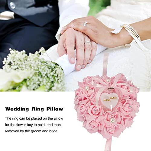 Porta de travesseiro de anel de casamento, almofada de portador de anel em forma de coração, strass rosa anel de rosa