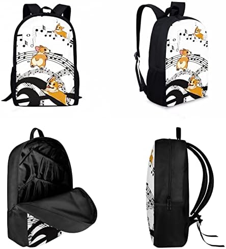 Salabomia Corgi com Music Note Backpack Bookbag para a escola, bolsa escolar de grande capacidade com bolsos laterais de garrafa, mochila casual leve com lancheira e capa de caneta, branco