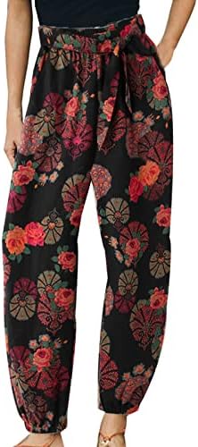 Calças de linho vintage femininas, senhoras de verão calça palazho de calça floral boho calças de cintura alta elástica