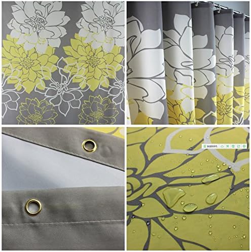Fundo cinza sfoothome e padrão de flor amarela, cortina de tecido de tecido de poliéster estampado lavável para banheiro
