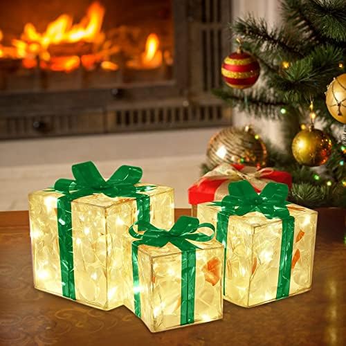 Caixas de Natal iluminadas, caixas de Natal iluminadas pré-iluminadas luzes incandescentes de bateria operada por bateria decorações de Natal ao ar livre para casa, enfeites de Natal