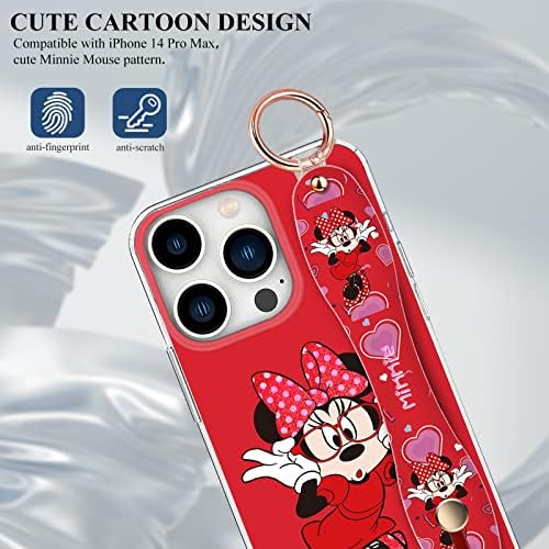 IQOUDA Minnie Mouse Case para iPhone 14 Pro Max Case para mulheres meninas com pulso Strap Kickstand, Glitter Bling Cartoon