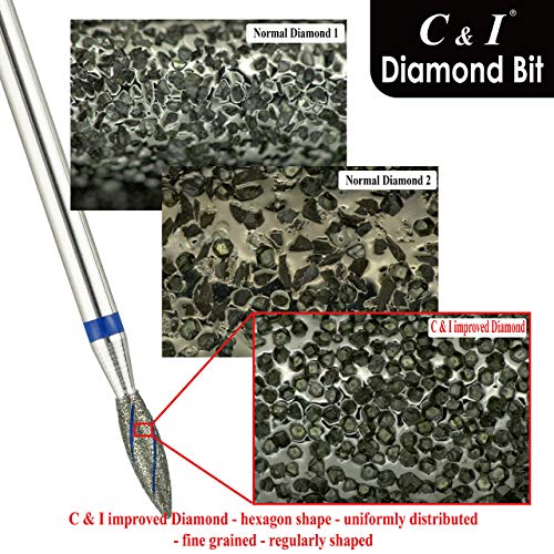 Bit de broca de unhas de diamante C&I, edição de ranhura de refrigeração, forma de chama, arquivo eletrônico, profissional para cutícula limpa, pó de diamante melhorado e haste de tungstênio 3/32 ”