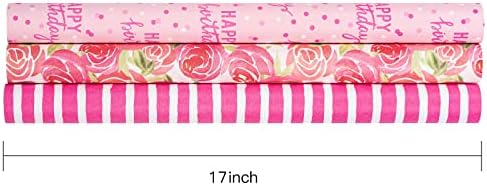Rolos de papel de embrulho Ruspepa Kraft para o dia das mães, casamento, chá de bebê, aniversário- 17 polegadas x 10 pés por rolo, total de 3 rolos, rosa rosa