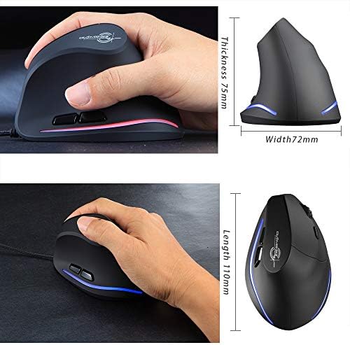 Mouse vertical com fio Zlot, design ergonômico USB Mouse óptico LED USB com 6 botões e 4 sensibilidade ajustável 1200/1600/2400/3200