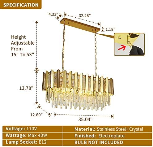 Lustre de cristal de ouro de zirooplus, lustre de cristal moderno, lustre de lustre de pingente oval de luxo lustres pendurados luminárias para sala de jantar sala de estar na ilha de cozinha l35 ”