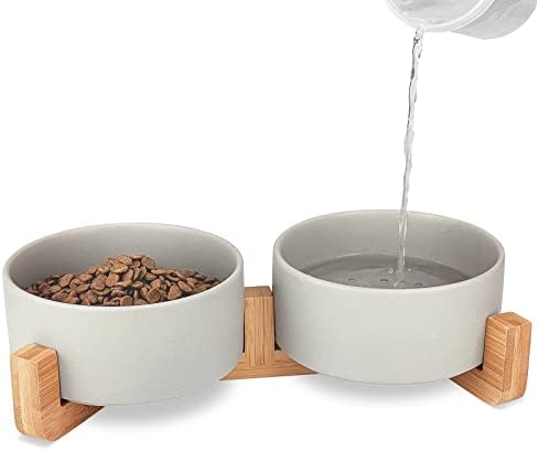 KPWACD Ceramic Pet Bowls para cachorro e gato, comida de cachorro criada e tigela de água com suporte de madeira anti-deslizamento,