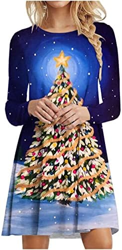 Mulheres Midi Shirt Dress Christmas 3D Impressão de mangas compridas Y2K Rockabilly Holiday Beach Casual Sundress Pullover Dress