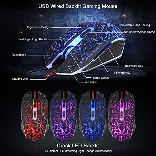 BlueFinger BackLit Teclado de Teclado e Mouse e LED de LED, USB Wirb Wired 3 Color Crack Backboard Lar