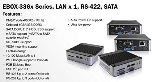 Mini Box PC EB-3360-L22222C1P Suporta saída VGA, porta RS-422 x 2, porta RS-232 x 1, porta MPCIE x 1 e energia automática ligada.
