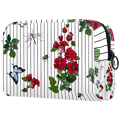 Bolsa de higiene pessoal Bolsa de lavagem organizadora de maquiagem cosmética com flores vermelhas e insetos com listras de