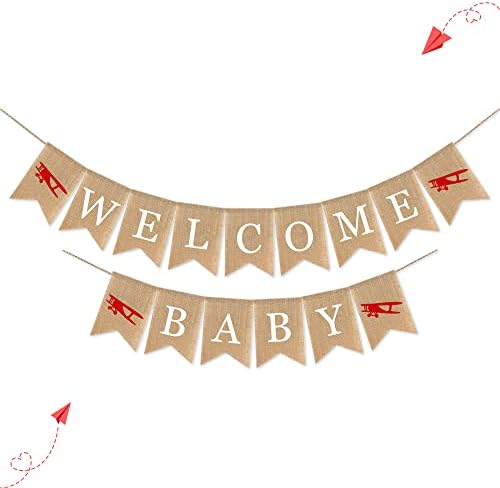 Decorações de chá de bebê de avião para meninos e meninas, bem -vindo a bandeira de abordagem de bebê, sinal de chá de