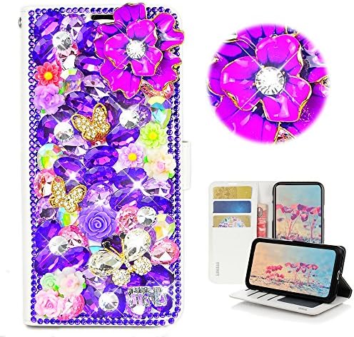 STENES GALAXY S8 CASA ATIVA - ENLISHO - 3D Bling Bling Bling Rose Butterfly Flowers Floral Cartter Credit Slots Dob Stand Stand Cover para Samsung Galaxy S8 Ativo - Púrpura