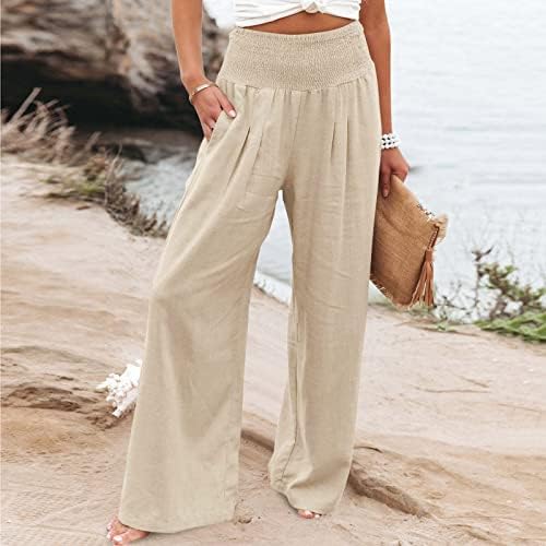Calça de linho de algodão feminino calças largas de perna larga de verão casual de cintura alta
