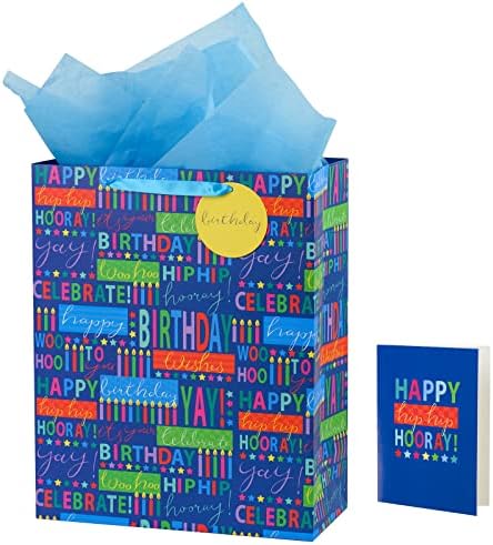 Lezakaa 15,5 sacolas de presente extra grandes com papel de seda azul, etiqueta, cartão de felicitações para aniversário
