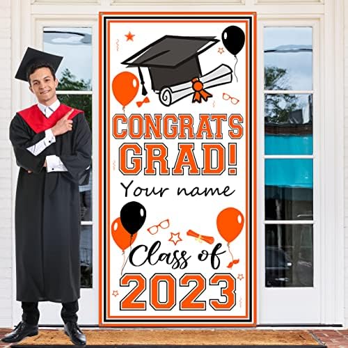 2023 Tampa da porta de formatura Orange Nome personalizado decoração de graduação grande parabéns Banner de pós -graduação com uma classe de caneta marcadora de 2023 capa de porta placa de graduação para o fundo da porta frontal externa