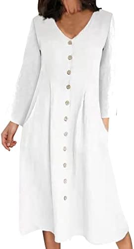 Vestido de linho de algodão feminino vestidos longos de manga longa com bolsos mini vestido com manga longa