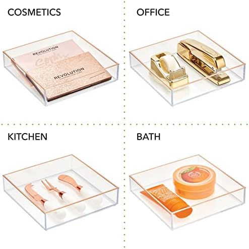 Organizador de gavetas plásticas de Mdesign, bandeja de armazenamento quadrado para cosméticos, maquiagem e acessórios sobre vaidade, bancada, banheiro ou gabinete - 3 pacote - ouro transparente/rosa