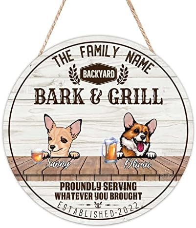 Mesllings Bark & ​​Grill Servando com a prospectiva do que você trouxe sinal de porta de madeira retro, placa de cabide redonda de