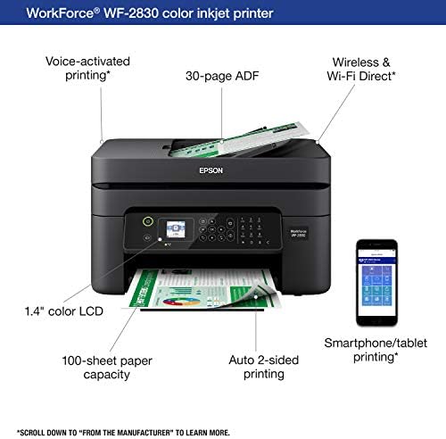 Epson Workforce WF-2930 Printina All-In-One sem fio com varredura, cópia, fax, alimentador de documentos automáticos, impressão automática de 2 lados e tela colorida de 1,4