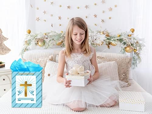 Flyab Primeira bolsa de presente da Santa Comunhão para meninas meninos 11,5 Páscoa religiosa cruzada de presente cristão com papel