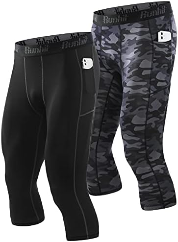 Runhit 3/4 calças de compressão masculina com bolsos, trepes de treino atlético Leggings Athletic Base Camada de roupas íntimas