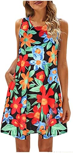 Vestido de verão para mulheres 2023 praia camiseta floral vestido de verão casual sem mangas boêmios vestido de tanque com bolsos