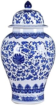 Jarra de gengibre azul e branco chinês com tampa, jarra de templo de cerâmica decorativa feita com padrão de flores de lótus,
