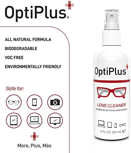 Limpador de lentes Optiplus | Kit de pulverização adequado para limpar óculos, óculos de leitura, óculos de sol, óculos, escudos e todos os tipos de lentes | Pano de limpeza de microfibras premium…