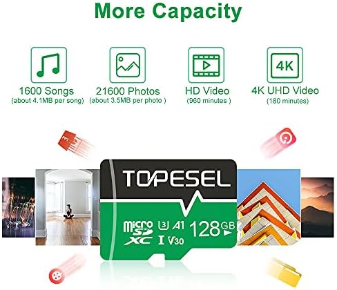 TOPESEL 128 GB Micro SD Card 3 Pack Pack Memory Cards A1 V30 U3 Classe 10 Micro SDXC UHS-I TF Cartão para câmera/drone/Dash