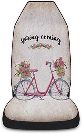 Youngkids Vintage Bicycle Floral Print Car Seat Covers de 2 peças Conjunto de carros frontal universal Cushion para SUV/carros/caminhões, Spring Coming Coming Automotive Seat Protector Decor fácil de instalar