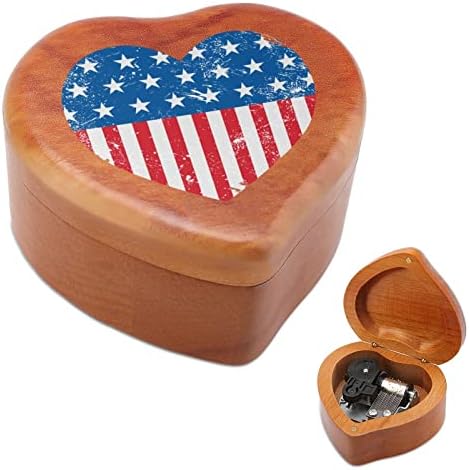 EUA America Retro Heart Flag Wind Up Vintage Wooden Music Box Wedding Valentine Christmas Birthday Clockwork Presente