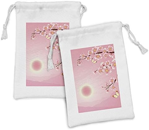 Conjunto de bolsas de tecido de Ambesonne East de 2, árvore de flor de cerejeira com cenário de sol nas costas da primavera da primavera, impressão da natureza da borboleta, pequena bolsa de cordão para máscaras e favores de produtos de higiene pessoal, 9 x 6, amarelo rosa
