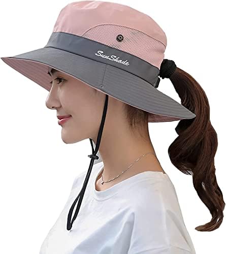 Chapéu de Ponytail Safari feminino Sun Mesh Mesh largura Proteção UV Chapéu de balde ao ar livre Chapéu de pesca de verão dobrável