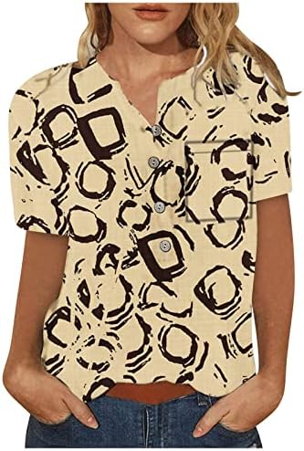Manga curta feminina sub -camiseta casual linho de algodão impresso camisa curta 2023