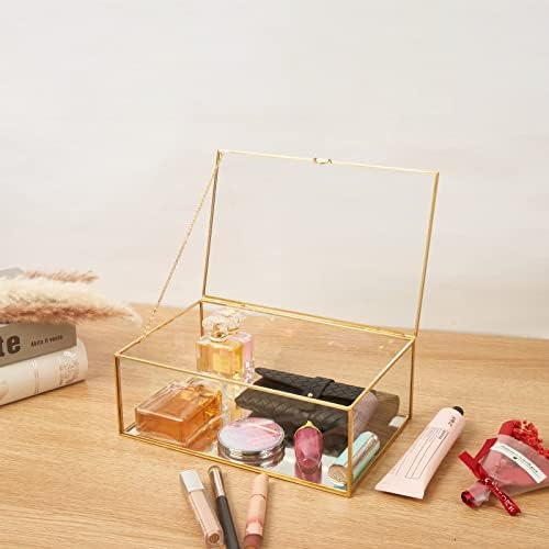 Caixa de cartão de ouro de jóias de vidro de 10,8 ”de 10,8” com tampa espelhada de tampa articulada, caixa de lembrança de ouro