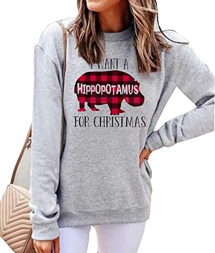 Mulheres, eu quero um hipopótamo para o moletom de natal, letra casual, impressão de impressão de camisetas gráficas Tops