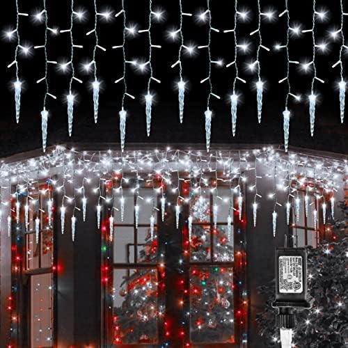 Luzes de iCicle de Natal ao ar livre, 216 LED 17,2ft 8 Modos Luzes cristalinas com 36 gotas de gelo, Icicle Fairy Twinkle Lights