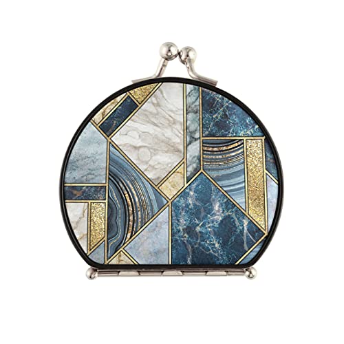 Textura geométrica de mármore azul branco dourado marmorizado compacto maquiagem espelho de fivela espelho dobrável mini-bolso