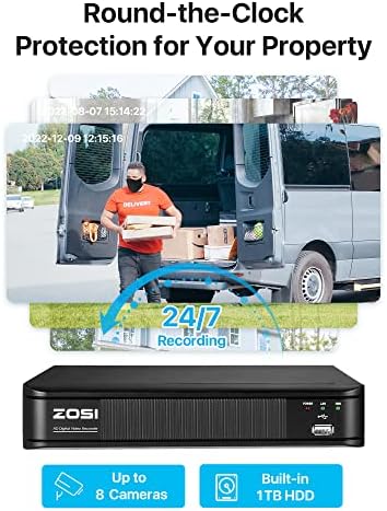 Zosi 1080p H.265+ Sistema de câmera de segurança doméstica, DVR de vigilância de 5MP de 8 mp de 8 canais com disco rígido 1 TB e 8 x 1080p à prova de clima cctv Câmera de cúpula externa com visão noturna, alertas de movimento