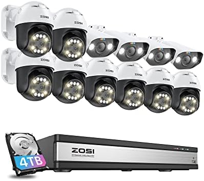 Sistema de câmera de segurança ZOSI 4K 16CH POE com detecção de veículos de face AI, câmeras IP de 4 x 5MP e câmeras PTZ ao ar livre de 8 x 3k, visão noturna da Starlight, conversa de 2 vias, 4TB HDD para gravação 24/7