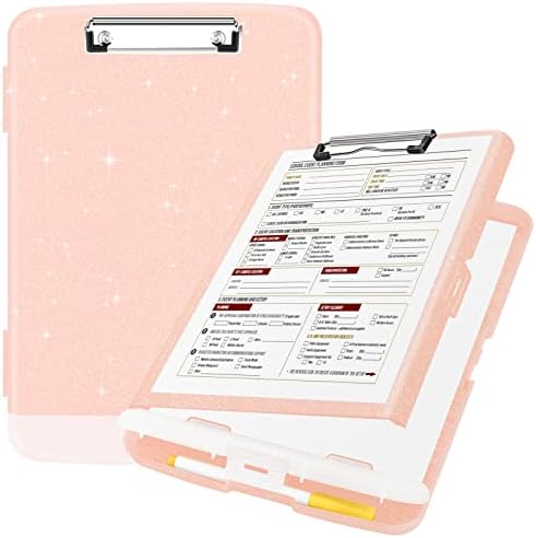 SOOEZ GLITTER SLUBLIPBOOD com armazenamento, porta de transferência de armazenamento de alta capacidade com porta -caneta, placas de clipes fofas 8.5x11 com clipe de baixo perfil, caixa de caixa de transferência de plástico Sparkle para mulheres e crianças, abertura lateral