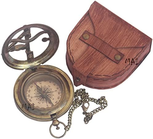 Bússola de relógio de sol com couro e corrente - push Open Compass - steampunk acessório - Antique Vintage Style para acampar,