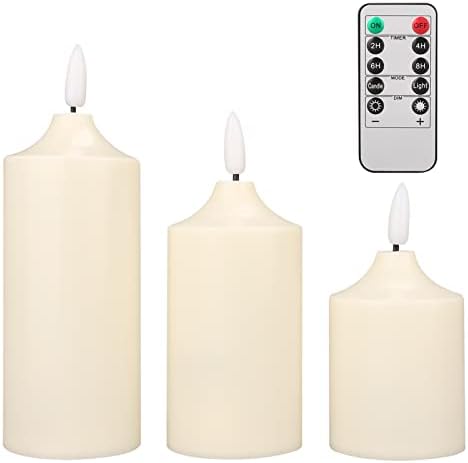 Velas operadas por bateria com controle remoto e timer, conjunto de 3 brilho ajustável e pisca -pisca de velas de pilares sem chamas