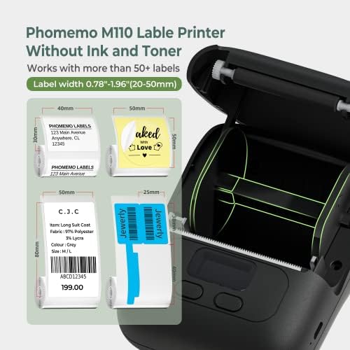 Impressora de etiqueta térmica portátil Phomemo M110 com phomemo 3 rolos 0,79 '' x 0,39 '' papel térmico, 600 rótulos/1 rolo, preto