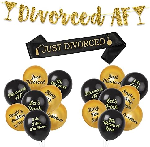 Decoração de festa de divórcio - Kit de 18 peças inclui: Banner de ouro divorciado AF, 16 balões engraçados de divórcio, apenas divorciou faixa | Homens homens decoração fornecem presentes felizes se divorciaram
