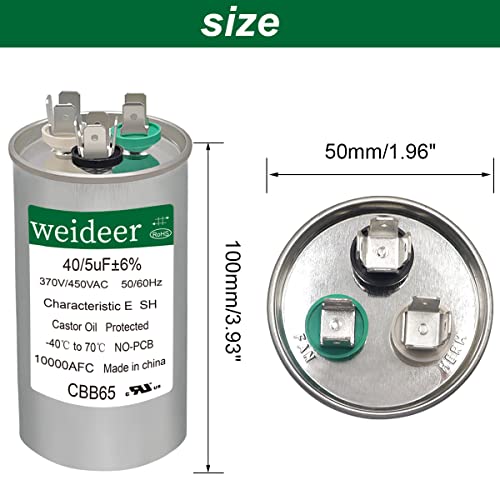 Weideer 35+5 UF ± 6% 35/5 MFD 370/450 Vac CBB65 Capacitor de partida dupla para ar condicionado ou bomba de calor - executa