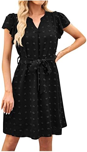 Lmdudan 2023 Dress for Women Summer Casual V Capuz de calça Vestidos curtos Moda Jacquard Belt Swing Ruffle Bainha vestidos